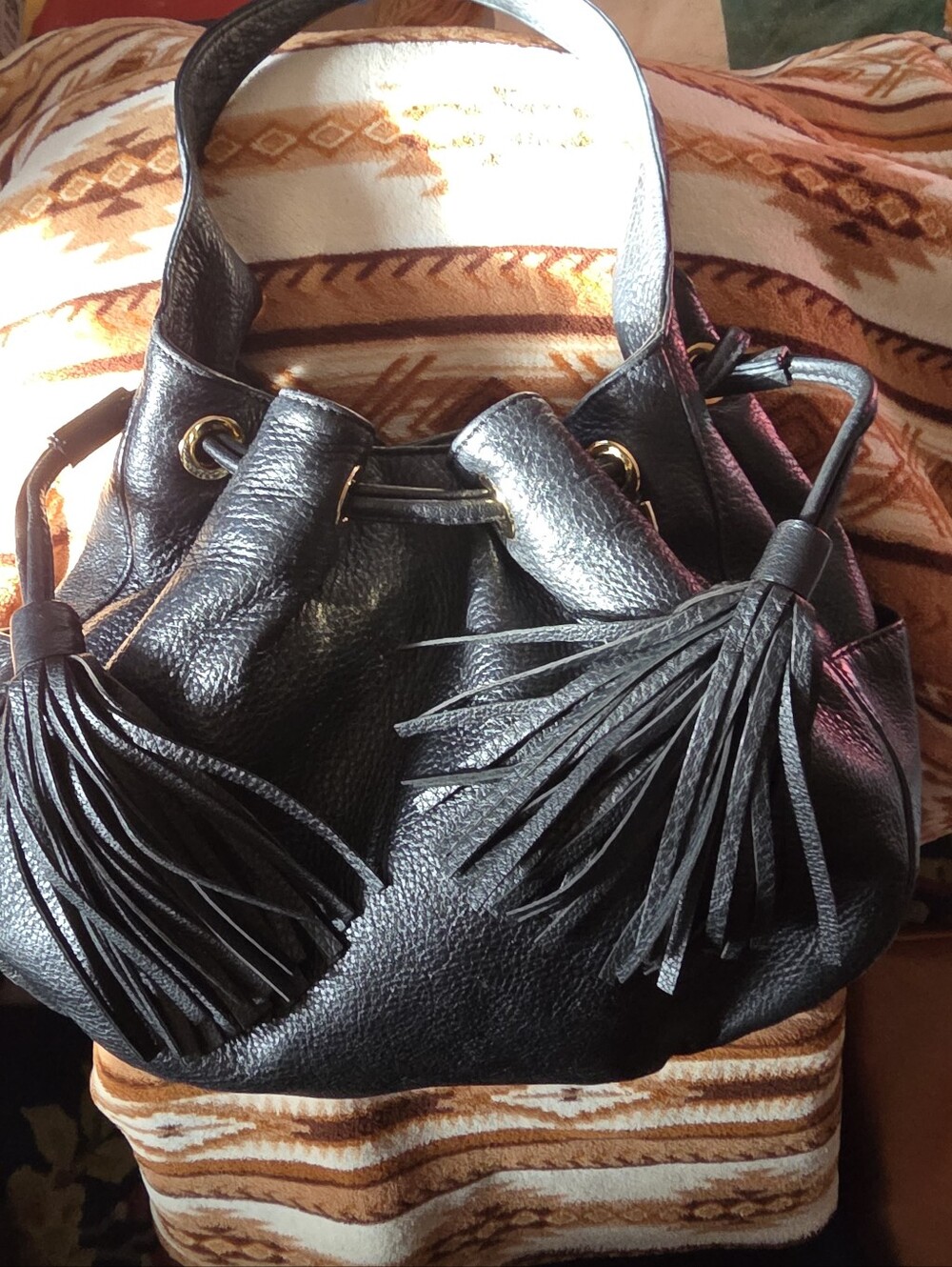 Michael Kors Black Pebble Leather W/Double Tassel Drawstring Shoulder Bag